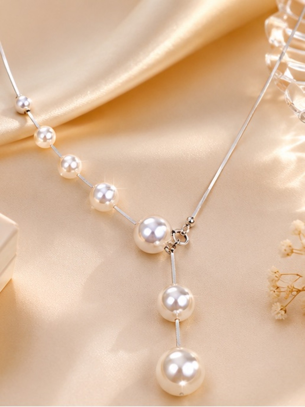 Silver Pearl Drop Necklace - Elegant White Pearl Y-Drop